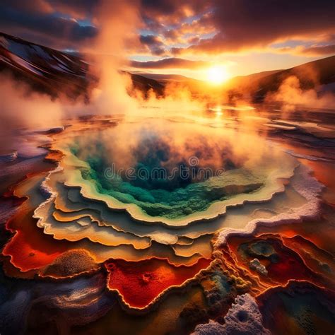 Mystical Waters Steaming Hot Spring With Vibrant Minerals Stock Image