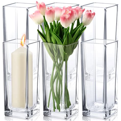 6 Pcs Square Glass Vases Clear Cube Flower Vase Tall Rectangle Decorative Candle