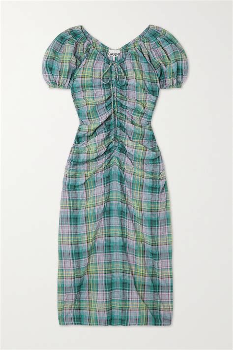 Ganni Ruched Checked Cotton Blend Seersucker Midi Dress Editorialist