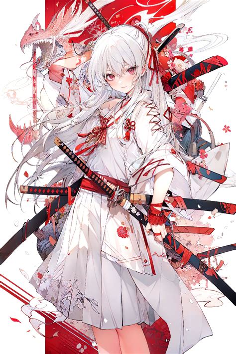 Anime Girl With White Hair And Red Eyes With Sword