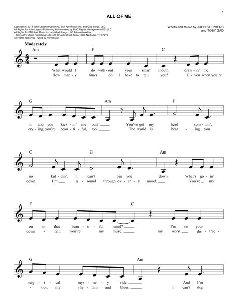 All Of Me By John Legend Sheet Music For Easy Lead Sheet Fake Book At Sheet Music Direct