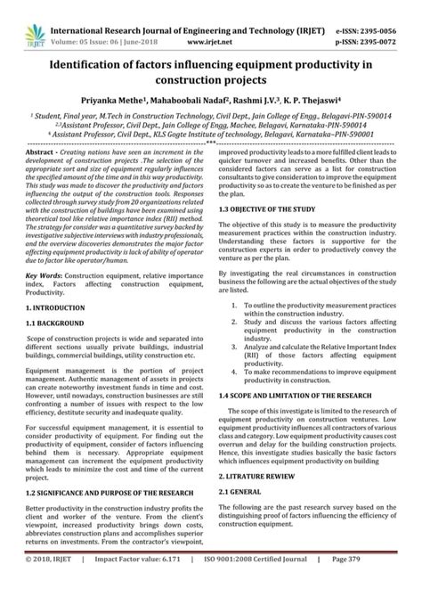 Irjet Identification Of Factors Influencing Equipment Productivity In