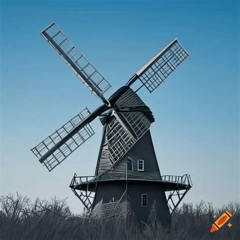 Tall Elegant Windmill With Symmetrical Blades On A Monochrome Blue Background On Craiyon