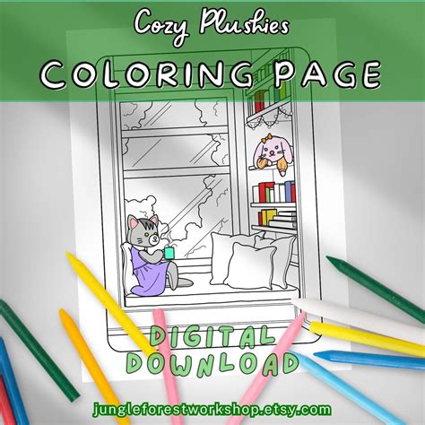 Cozy Cat And Bunny Reading Nook Coloring Page Hand Drawn Cute Relaxing