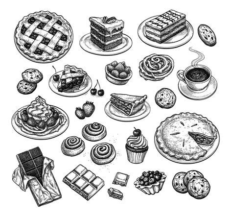 Collection Of Sweets And Pastries Popular Desserts Ink Sketch Set