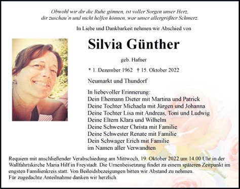 Traueranzeigen Von Silvia G Nther Mittelbayerische Trauer