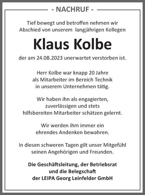 Traueranzeigen Von Klaus Kolbe M Rkische Onlinezeitung Trauerportal