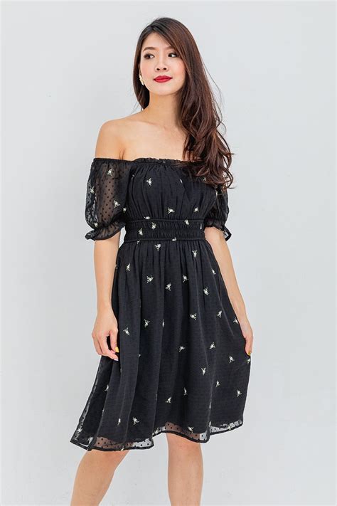 Ayla Floral Swiss Dot Chiffon Dress In Black Flymetoparis