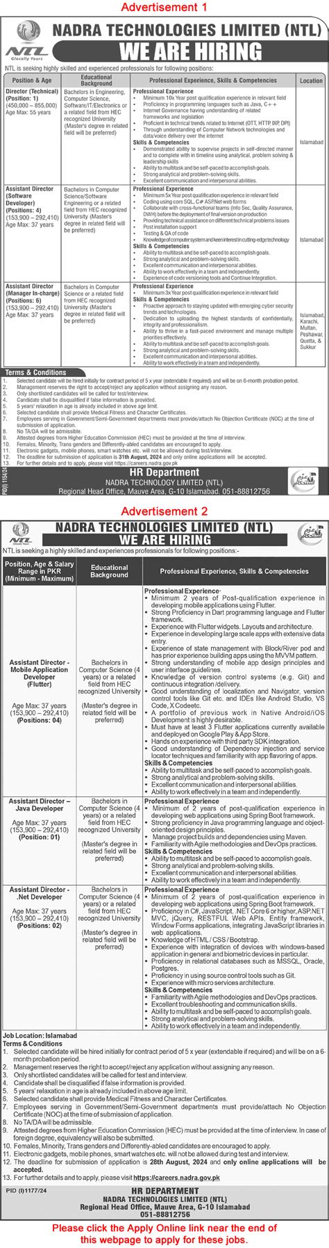 Assistant Director Jobs In NADRA Technologies Limited 2024 August Apply