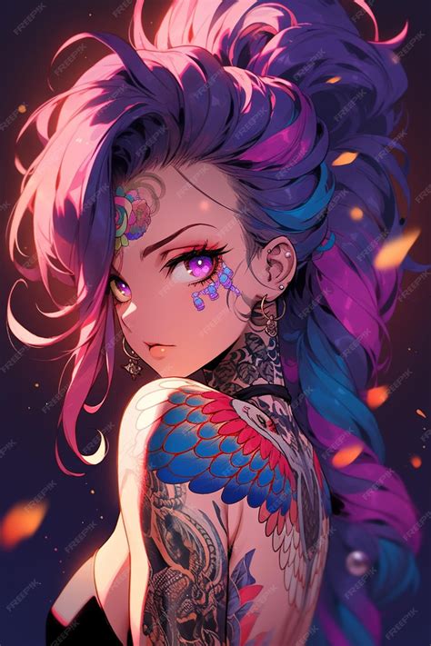 Anime girl with tattoos and piercings on her chest generative ai ...