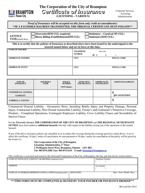 Fillable Online Brampton Licensing Various Coi City Of Brampton Fax