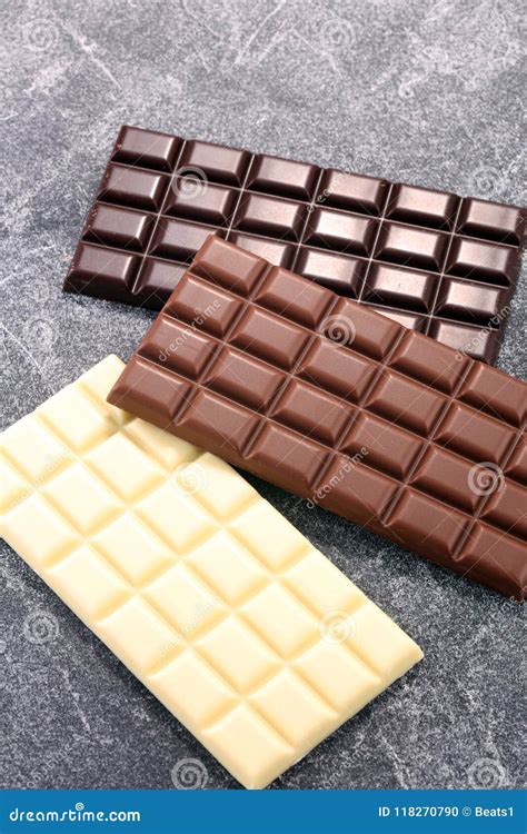 Chocolate In Diffrent Color Milk Dark And White Chocolate Bars Stock