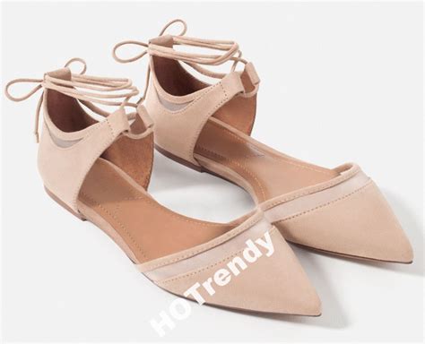 Zara Nude Sznurowane Balerinki Baleriny Zamsz