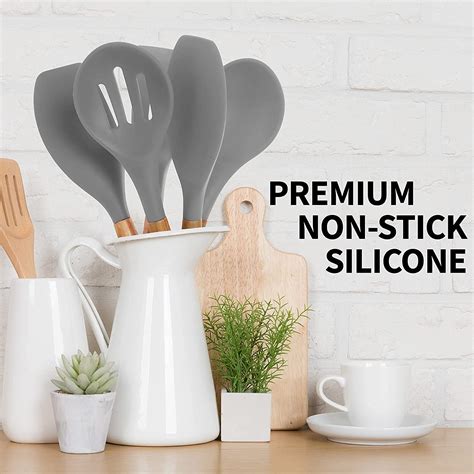 Zulay Kitchen Non Stick Silicone Utensils Set With Acacia Wood Handles 5 Piece Silicone Gray