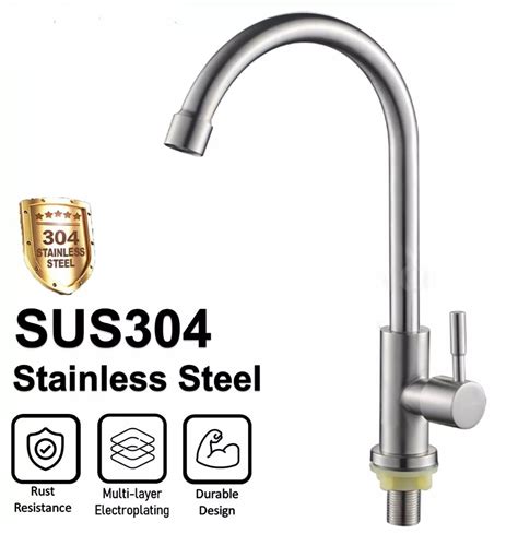 Stainless Steel Sus 304 Kitchen Faucet Wall Pillar Mounted Sink Tap Basin Cylinder Handle