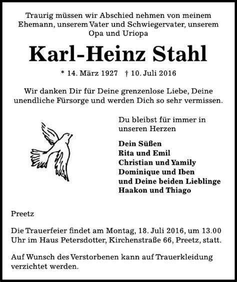 Traueranzeigen Von Karl Heinz Stahl Trauer Anzeigen De