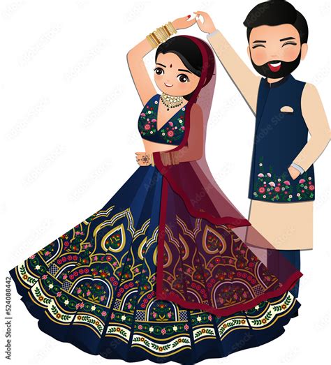 Bride And Groom Cute Couple In Traditional Indian Dress Cartoon