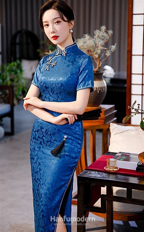 Traditional Blue Qipao Dress Jacquard Silk Sation Long Cheongsam Singapore Hanfumodern