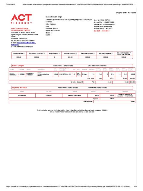 Act Fibernet Invoice For Rishabh Singh Pdf Cheque Invoice