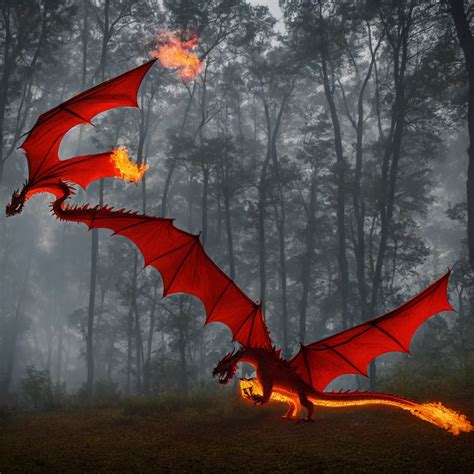 Fire Breathing Dragon Flying Over Foggy Old Forest Stable Diffusion