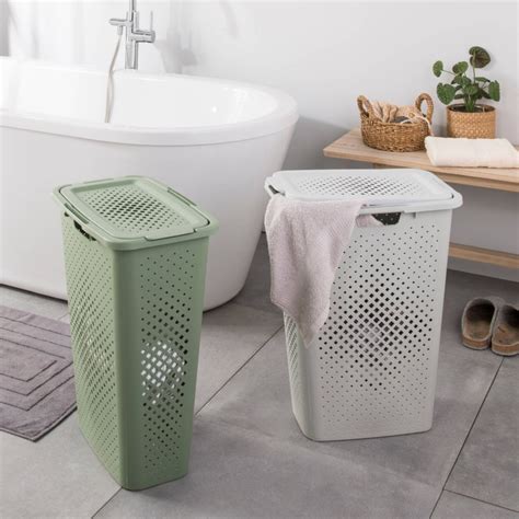 Panier à linge en plastique avec couvercle 40l slim PIXEL blanc cassé