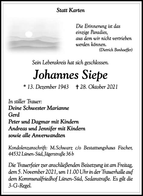 Traueranzeigen Von Johannes Siepe Trauer In NRW De