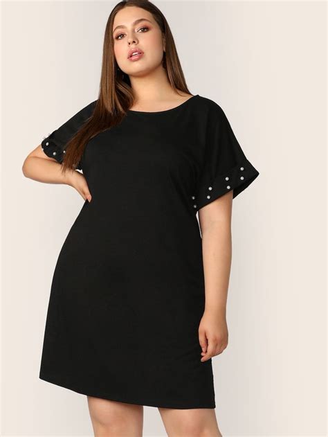 Plus Pearls Beaded Cuffed Sleeve Dress Shein Cuffed Sleeve Dress Plus Size Dresses Short