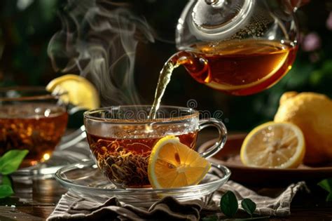 Hot Tea Being Poured From A Glass Teapot Into A Cup With Fresh Lemon Slices On A Table Stock