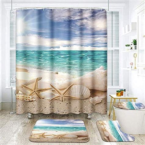 4 Pcs Shower Curtain Set Nautical Summer Sea Shell Beach Lighthouse