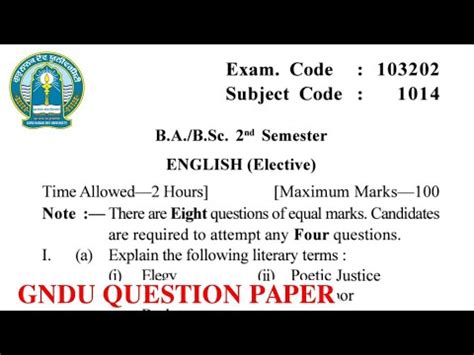 Gndu BA Bsc 2nd Semester English Elective Question Paper Ba 2nd