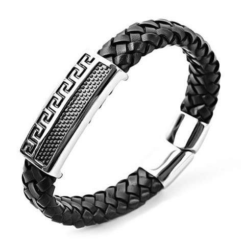 Bracelet Homme Cuir Noir Tresse Elements Acier Motif Grecque