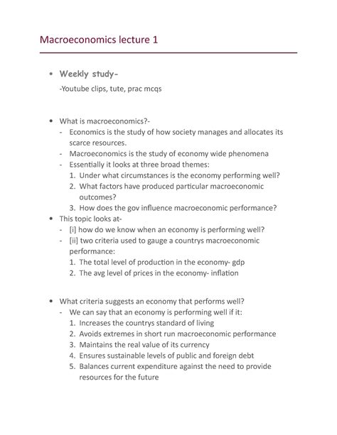 Macroeconomics Lecture 1 Macroeconomics Is The Study Of Economy Wide