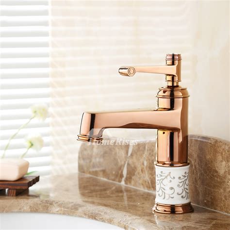 Brown Bathroom Faucets Rose Gold Brass Ceramic Single Handle Vintage