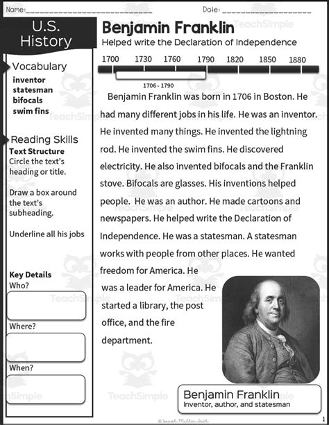 Nonfiction Reading Packet Benjamin Franklin By Teach Simple