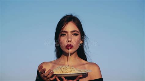 Beautiful Woman Eating Pasta Spaghetti Girl Stock Video Video Of