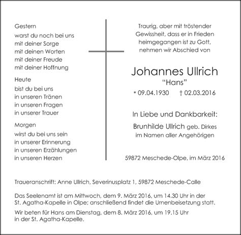 Traueranzeigen Von Johannes Ullrich Trauer In Nrw De