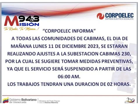 Municipio Cabimas Corpoelec Anuncia Corte Programado Para Este Lunes