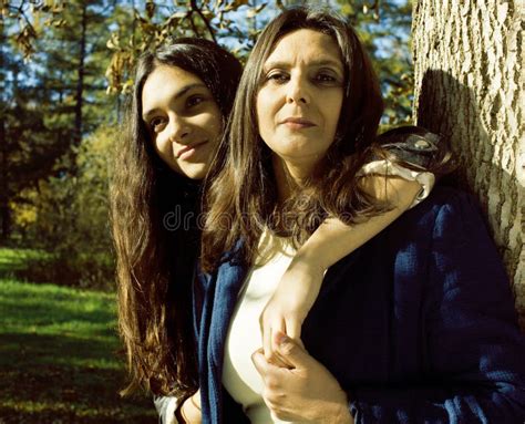 Mature Real Mother With Daughter Outside Autumn Fall In Park Stock Image Image Of Expression