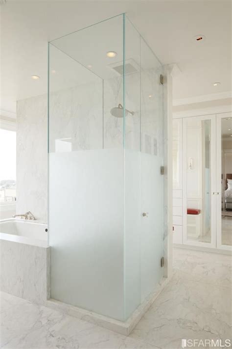 Half Frosted Glass Shower Wall Into Her Master Bath From His Bathroom Interior Frosted