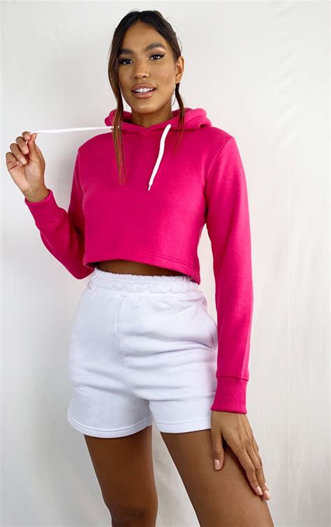 Hot Pink Basic Crop Hoodie Tops Prettylittlething