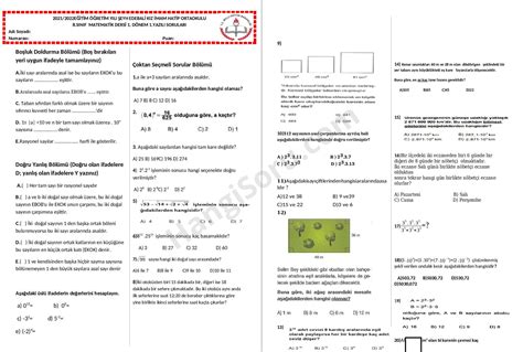 8 Sınıf Matematik 1 Dönem 1 Yazılı Sınav 2021 2022 Hangisoru