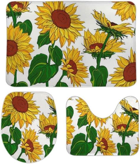 Skysonic Non Slip Piece Bathroom Rug Set Sunflowers And Leaves