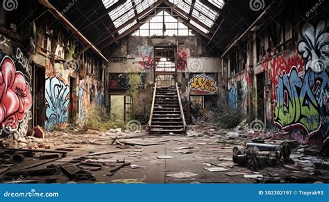 Old Abandoned Factory With Rusty Remains And Graffitis On The Wall