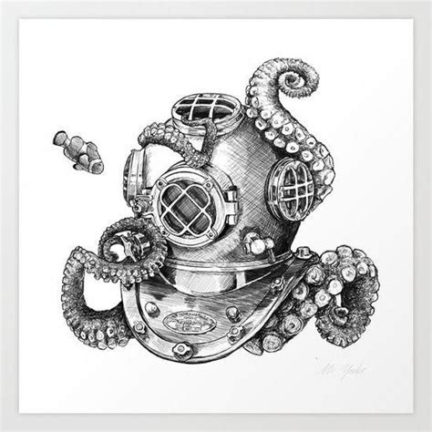 Octopus Diving Helmet Scuba Nemo Illustration Drawing Artwork