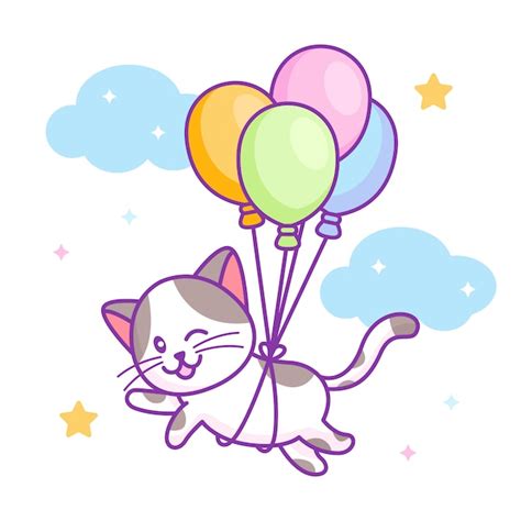 Premium Vector Cute Cat Flying With Balloons