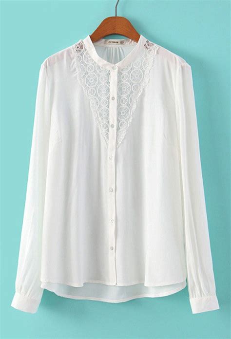 White Long Sleeve Lace Patchwork Button Down Cotton Casual Blouse