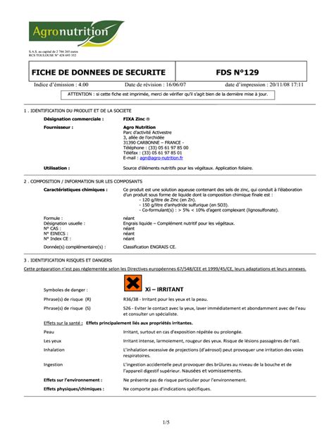 Remplissable En Ligne FICHE DE DONNEES DE SECURITE FDS N129 Faxer Email