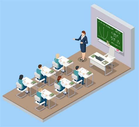 Isometric School Classroom Group Of School Kids With Teacher Sitting