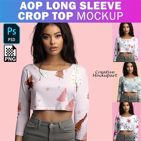 Aop Long Sleeve Crop Top Mockup Pod All Over Print Crop Top Psd Mockup Insert Design Via Psd