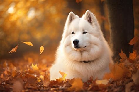 Premium Ai Image Samoyed Dog In Golden Autumn Forest Beautiful White